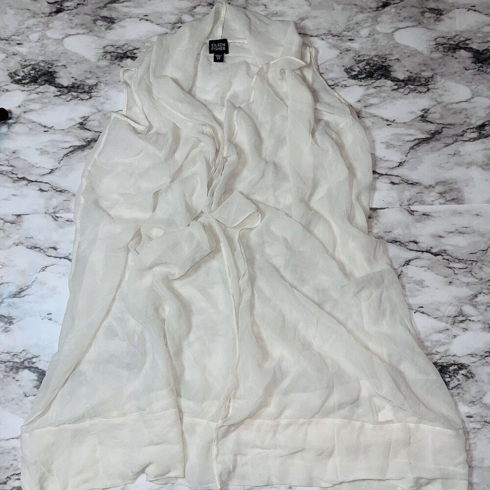 Eileen Fisher Sleeveless Cardigan Open Front Sheer Silk Ivory Women XS Cottage
